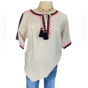 IVY JANE Triangles ivory/pink/brown/black top blouse w tassel accent NWT